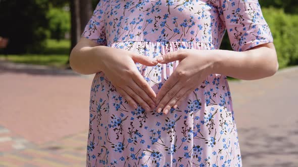 A Pregnant Woman in a Summer Dress with a Floral Print Stands in the Park and Folds Her Hands on Her
