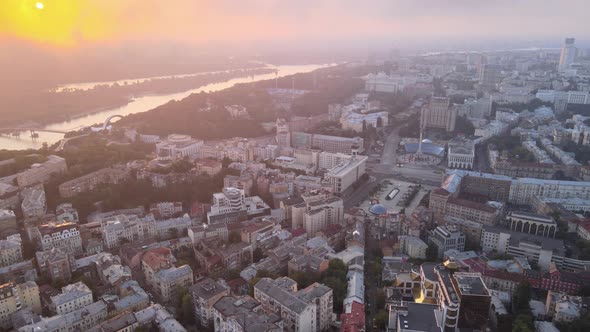 Kyiv Kiev Ukraine at Dawn in the Morning. Aerial View