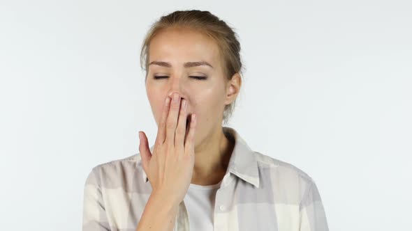 Yawning, Portrait of Tired Girl, White Background