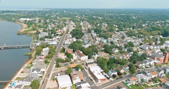 Street in the a Keyport Town of Near Ocean Coast Line Above Aerial View in New Jersey USA