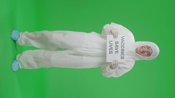 Full Body Of Asian Man Wear Uniform Ppe And Hold Vaccines Save Lives Sign In Green Screen Studio