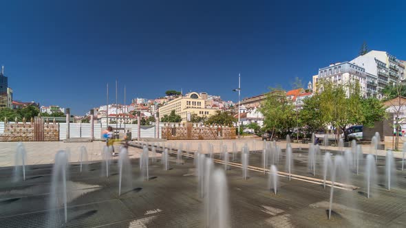 Fountain in Martim Moniz Square Timelapse Hyperlapse in Downtown Lisbon