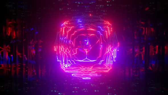 3d Object or Structure Rotates and Moves Inside Glass Mirror Tunnel with Neon Light Bright