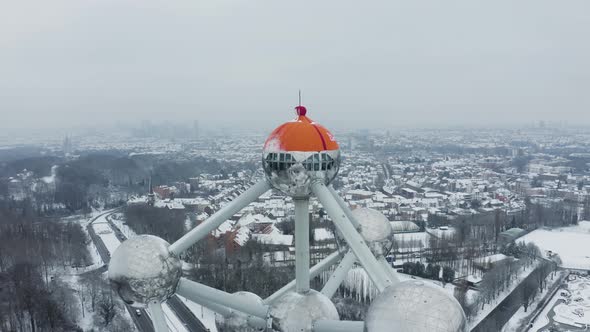 Aerial view of the Atomium in wintertime, Brussel, Belgium.