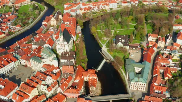 Top View of Historic Center of Cesky Krumlov Bridge Castle and River Vltava in Czech Republic