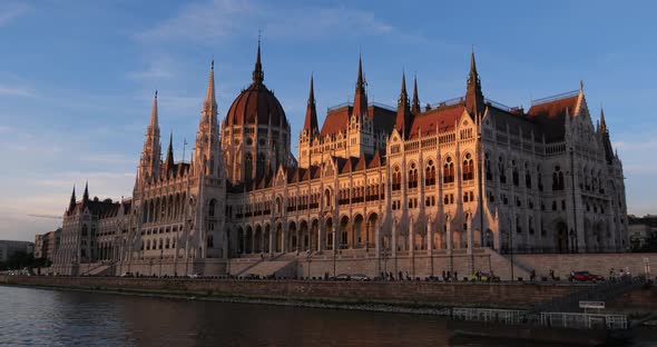 Hungarian Parliament Building (Orszaghaz) in Budapest seen from Danube river