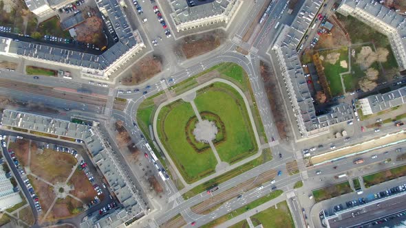 Top-down aerial view of the Central Square, Nowa Huta district of Krakow, Poland