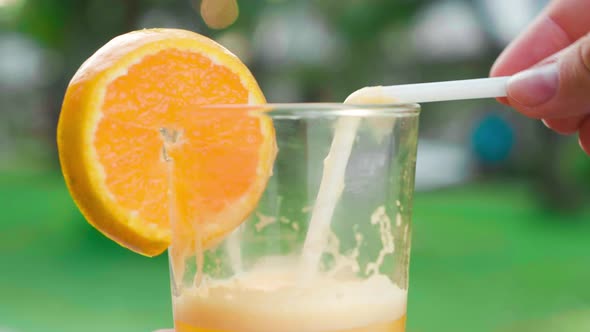 Closeup of Fresh Orange Juice in a Glass on Greenery Background