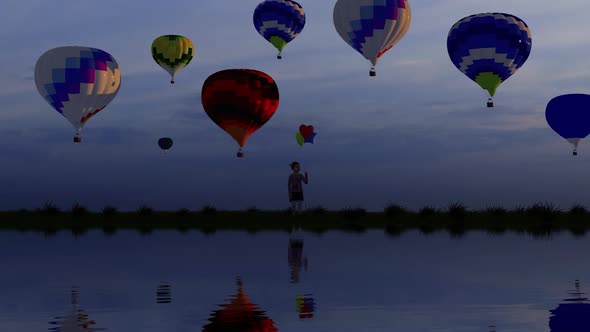 The Child Holding Balloons and Colorful Hot Air Balloons In Background Ver.2