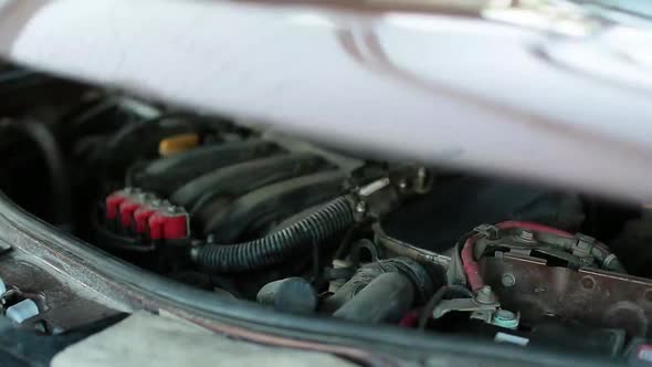 Man Opening Car Hood and Checking Oil Level Car Engine Outdoors. Hands of a Man Close Up. alt