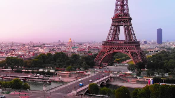 Aerial view to Eiffel tower at sunrise, Paris, France