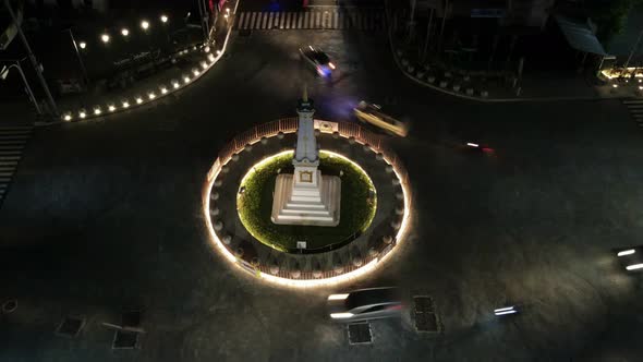 Time lapse of aerial night view of Tugu Jogja or Yogyakarta Monument, Indonesia.