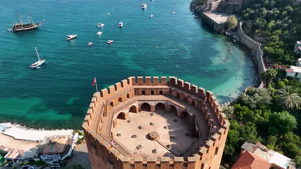 Castle Alanya Kalesi Aerial View 4 K of Mountain and City Turkey