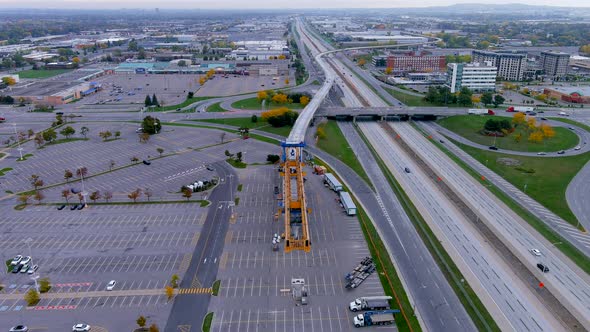 4K camera drone view of the construction site of the Metropolitan Express Network in Montreal.