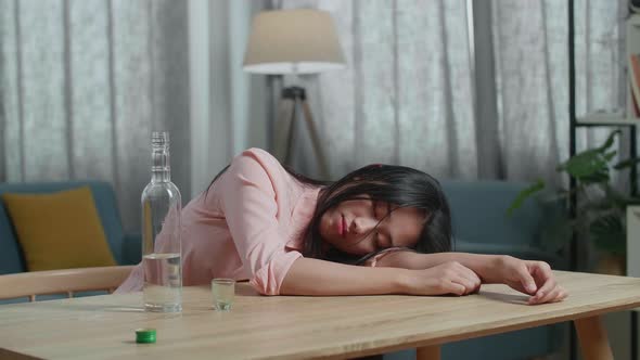 Drunk Asian Woman Sleeping At Home