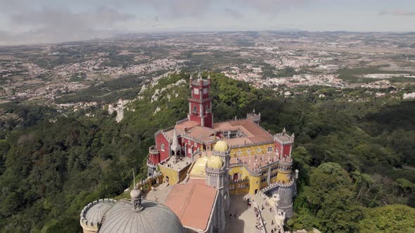 Hilltop National Palace of Pena, landmark Jewel of Sintra, Portugal. Aerial view