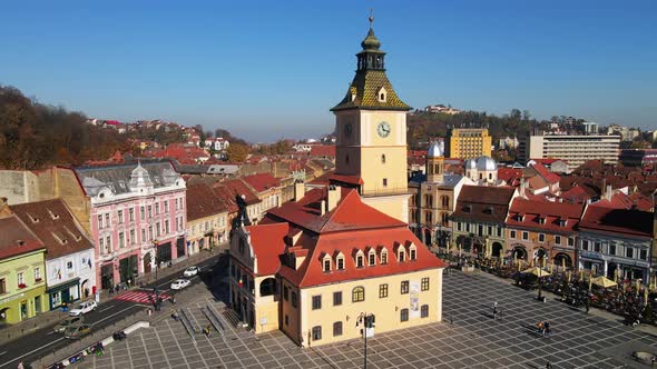 Aerial drone view of The Council Square in Brasov, Romania. Old city centre with County Museum of Hi