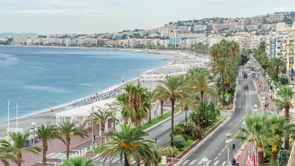 Beautiful Panoramic Aerial View City of Nice Timelapse, France. Mediterranean Sea, Bay of Angels