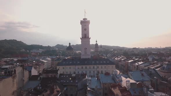 Aerial City Lviv, Ukraine. European City. Popular Areas of the City. Town Hall