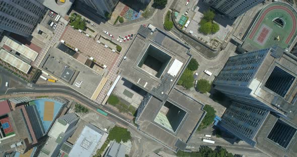 Abstract Aerial Drone Footage of Rooftops of Tall Apartment Buildings. 