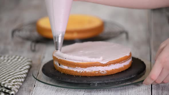 The woman's hands squeezing the cream on a cake. Tasty cream on the cake	