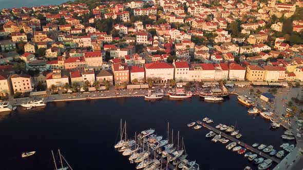 Aerial view of boats anchored at Mali Losinj bay during the sunset, Croatia.