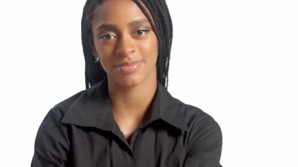 Mixed Race Woman with Hair Braids in Studio on White Closeup Portrait