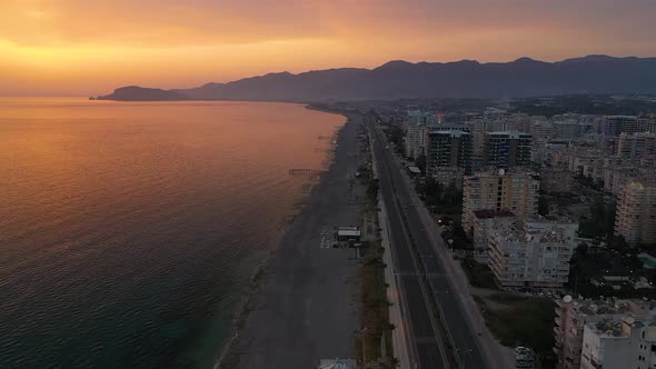 Drone View Alanya City Sunset