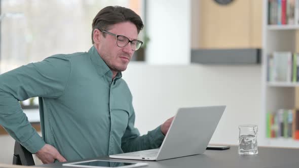 Middle Aged Man Having Back Pain While Working on Laptop