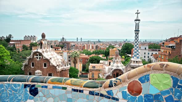 Panoramic view of Barcelona, multiple building's roofs, view from the Parc Guell, Spain