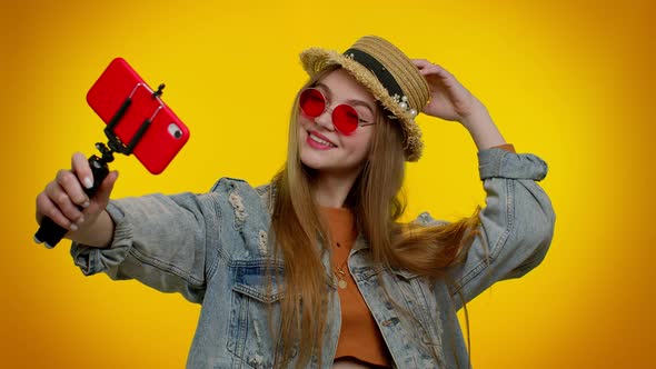 Girl Traveler Blogger in Sunglasses Taking Selfie on Mobile Phone Communicating Video Call Online