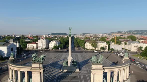 Flight over Heroes' Square towards Andrassy avenue in Budapest, Hungary