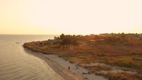 Aerial Top View Above Sunset Sand Beach Sea