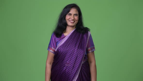 Mature Happy Beautiful Indian Woman Smiling While Wearing Sari Traditional Clothes