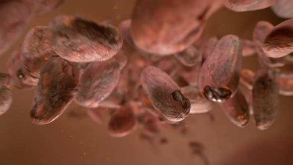 Super Slow Motion Detail Shot of Raw Chocolate Beans Falling Down on Brown Background at 1000Fps