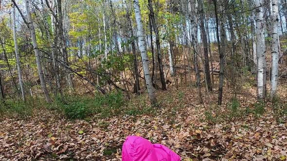 Little girl in pink hooded jacket picks up leaves and tosses them at camera before falling down SLOW