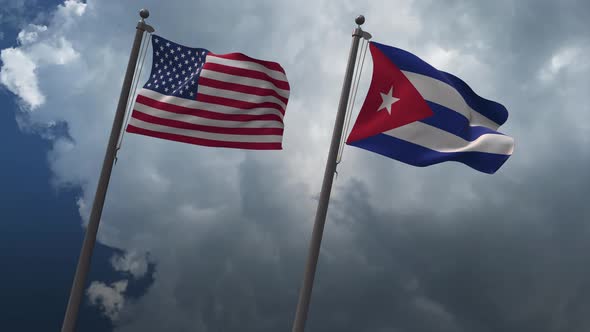 Waving Flags Of The United States And The Cuba 4K