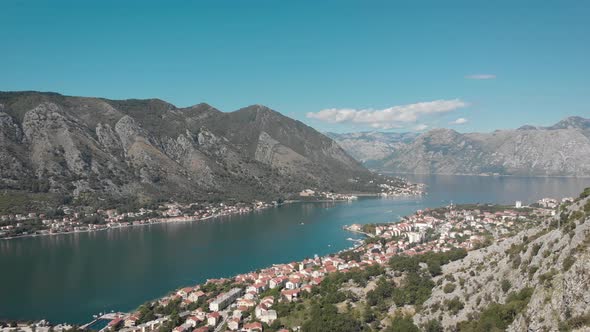 Aerial view of city Kotor in Montenegro. Flying over the Kotor Bay and mountains