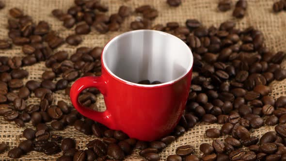 Coffee Beans Falling Into Red Cup. Close Up