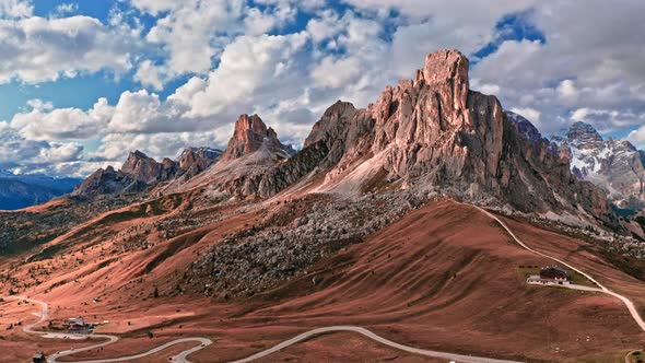 Aerial view of Passo Giau in Dolomites in autumn, Italy