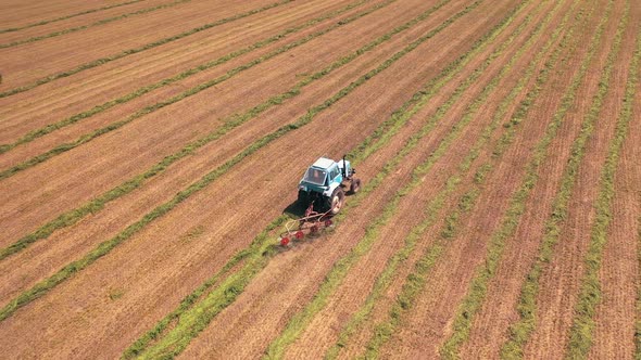 Aerial panoramic view of a huge field with agricultural works. Tractor scatters grass