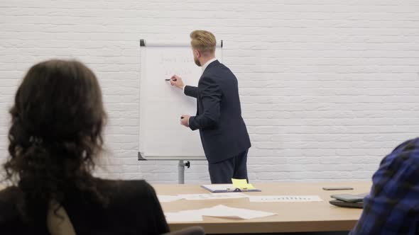 Young Businessman Standing Near a Flip Chart and Explaining the Business Plan