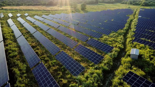 View of a solar power plant, rows of solar panels, solar panels, top view