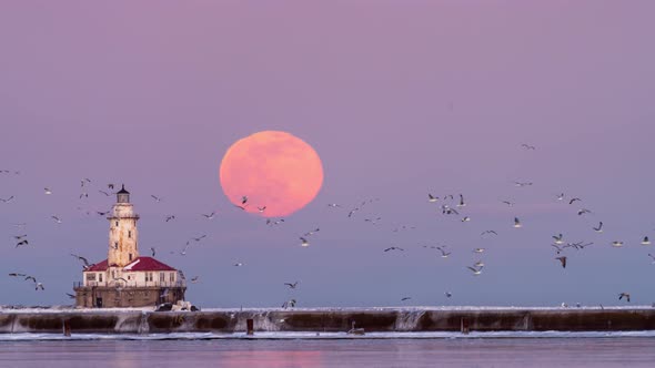 Chicago Lighthouse - Moonrise Time Lapse