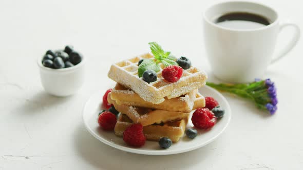 Waffles on Plate and Cup of Coffee