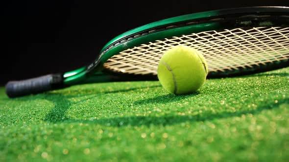 Racket and tennis ball on grass 4k