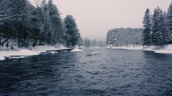 Foggy Winter Landscape - Drone Flying  4K - Mountains - Trees, rivers, snowy