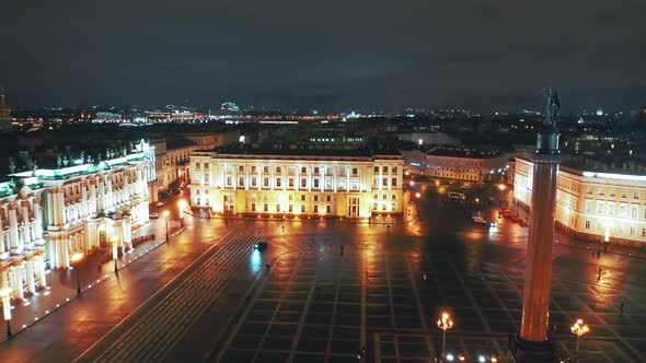 Aerial View To Palace Square with Winter Palace and Alexander Column in Background, St Petersburg