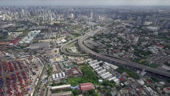 Logistic concept aerial shot of commercial maritime transport dockyard with cargo ships waiting to b