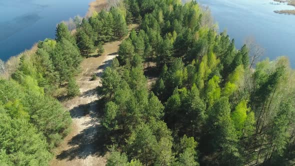 Aerial Drone View of Wild Forest Island on Dnipro River in Ukraine